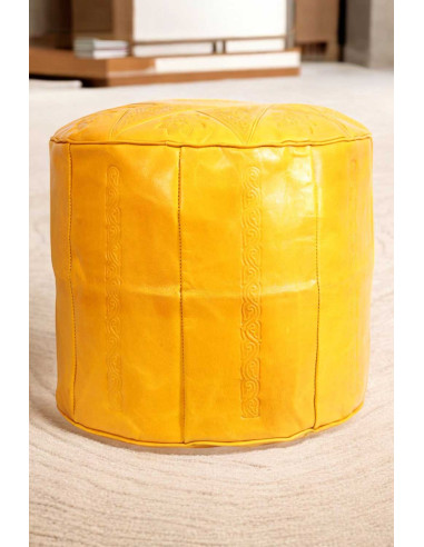 Moroccan Casablanca Leather Pouf, Yellow – Ø 18 in