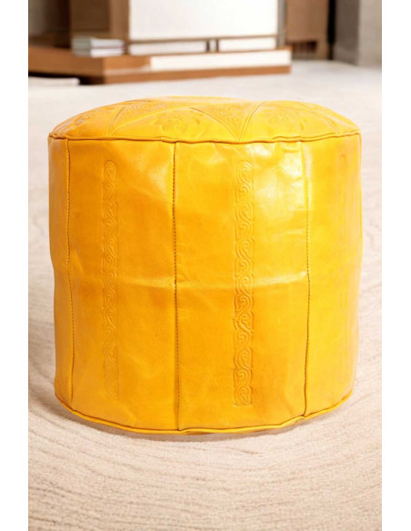 Moroccan Casablanca Leather Pouf, Yellow – Ø 18 in