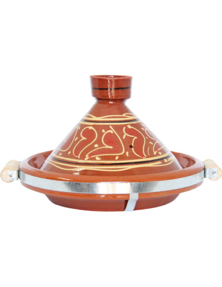 Tajine marocain en terre cuite 30 cm (12 po) – 4 à 6 personnes, arabesques sur brun