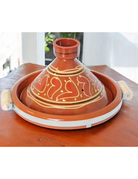 Tajine marocain en terre cuite 30 cm (12 po) – 4 à 6 personnes, arabesques sur brun