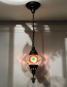 Turkish Mosaic Pendant Lamp with a pink rosette, 5 in