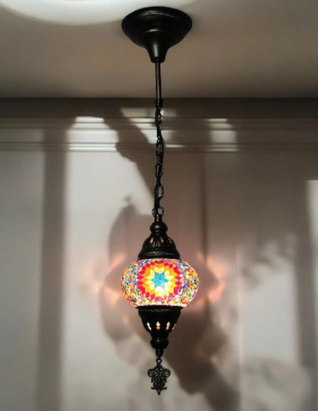 Turkish Mosaic Pendant Lamp with a pink rosette, 5 in