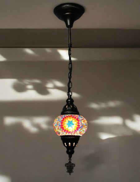 Turkish Mosaic Pendant Lamp with a pink rosette, 5 in
