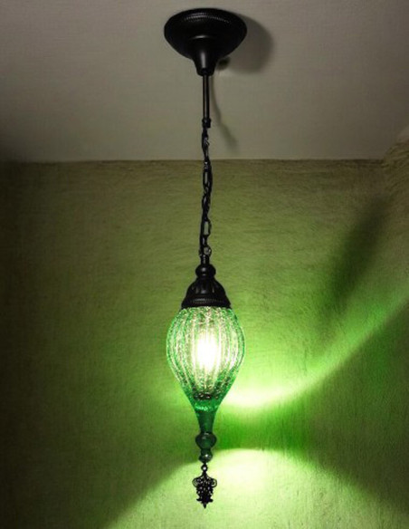 Blown Glass Pendant Lamp, Green, 27 in