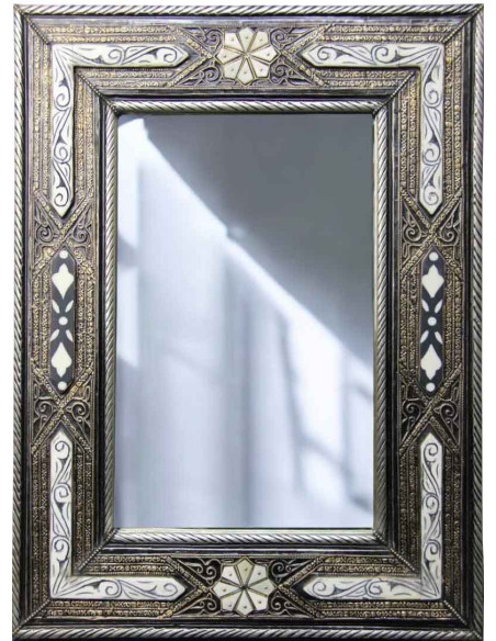 Moroccan rectangular mirror, silver frame with white patterns