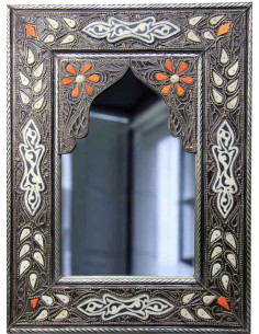 Miroir marocain à arche, cadre à fleurs orange et blanches