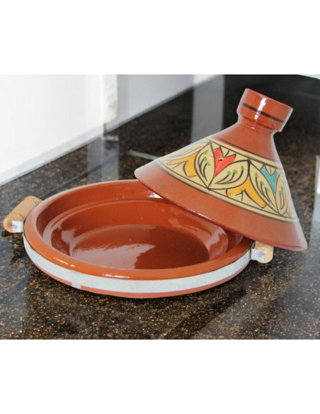 Tajine marocain en terre cuite 30 cm (12 po) – 4 à 6 personnes, fleurs orange