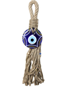 Large hanging blue eye ball with jute fringe