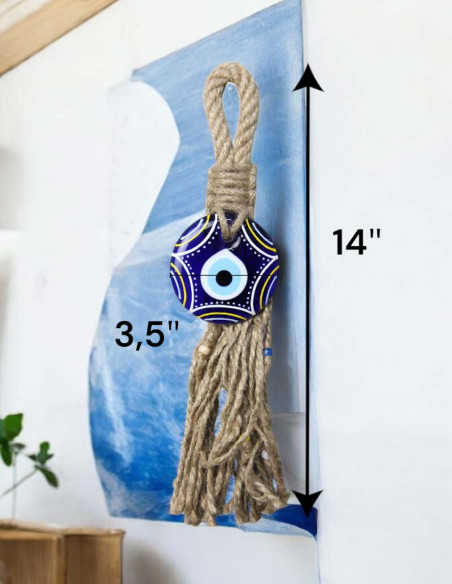 Boule œil bleu à suspendre avec franges en jute, grande
