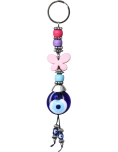 Porte-clés œil bleu à papillon rose