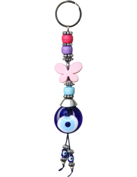 Blue eye keychain with pink butterfly