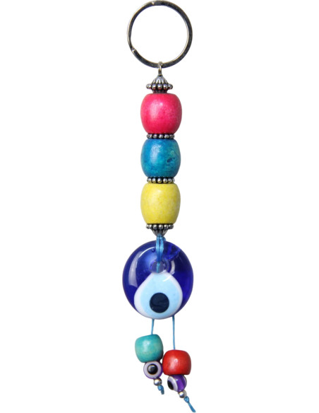 Porte-clés œil bleu à perles rouge, bleue et jaune