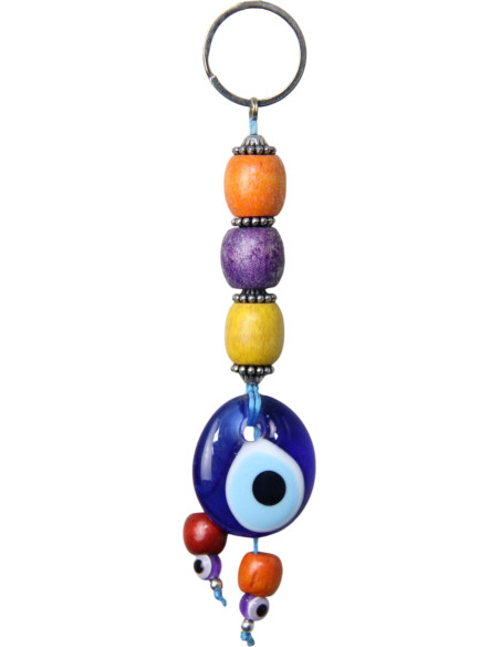 Porte-clés œil bleu à perles orange, violette et jaune
