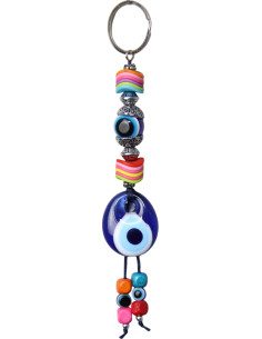 Porte-clés œil bleu à perles arc-en-ciel