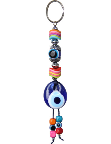 Porte-clés œil bleu à perles arc-en-ciel