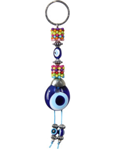 Porte-clés œil bleu à perles cubes multicolores