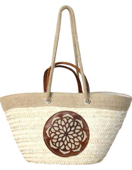 Panier en osier à rosace en cuir caramel