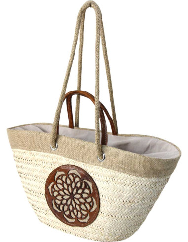 Panier en osier à rosace en cuir caramel
