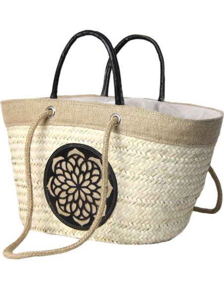 Wicker basket bag with black leather rosette