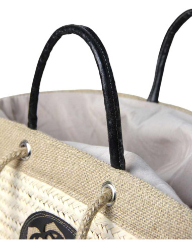 Wicker basket bag with black leather rosette