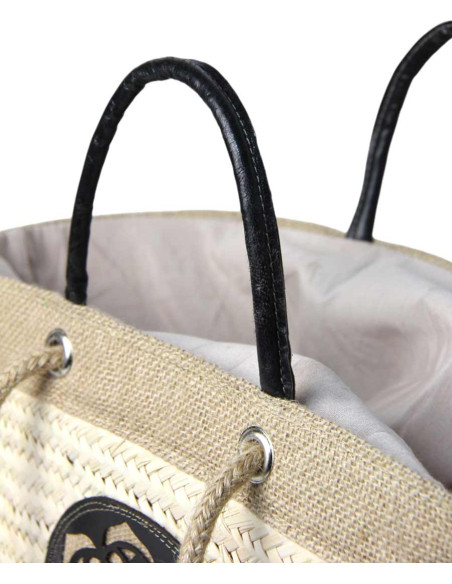 Wicker basket bag with black leather rosette