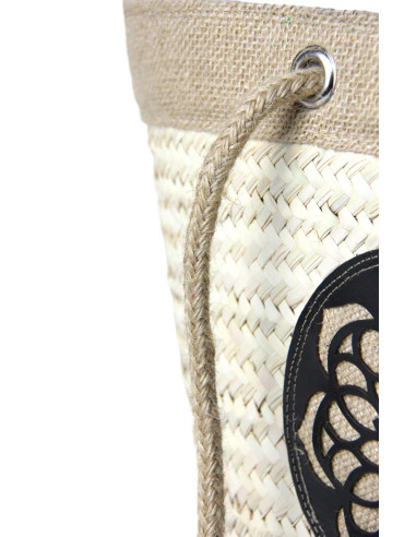 Wicker basket bag with black leather rosette