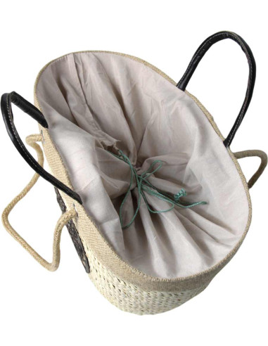 Wicker basket bag with black leather rosette