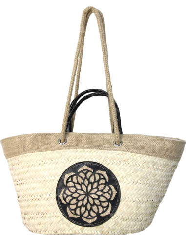 Wicker basket bag with black leather rosette