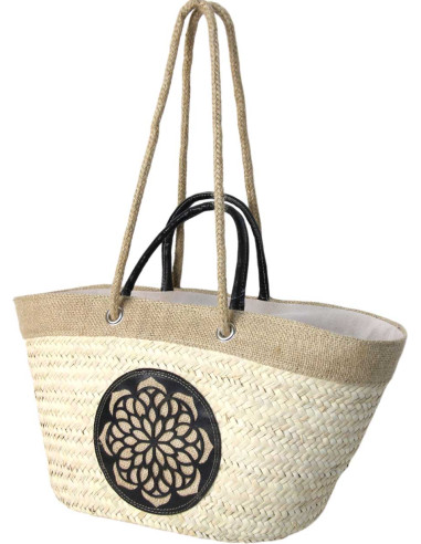 Wicker basket bag with black leather rosette