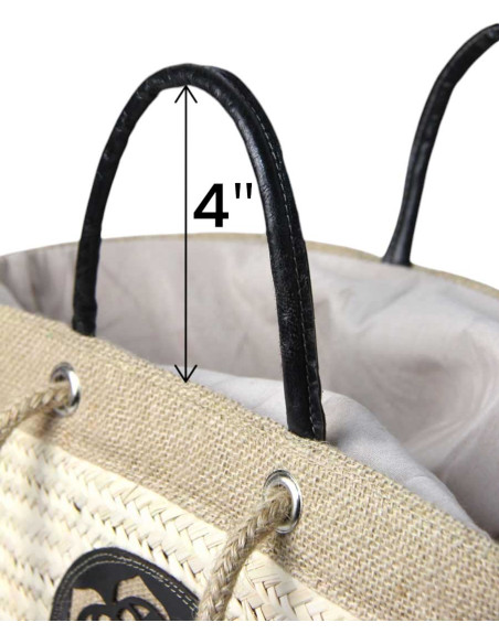 Wicker basket bag with black leather rosette