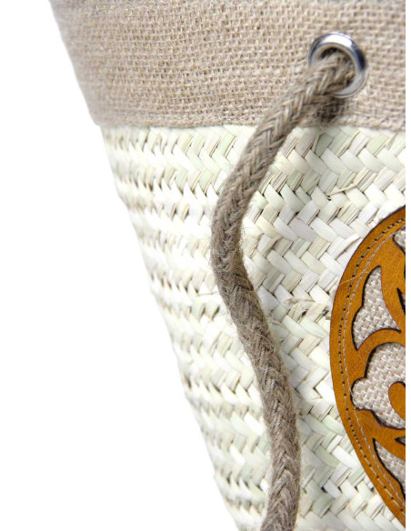 Wicker basket bag with yellow leather rosette