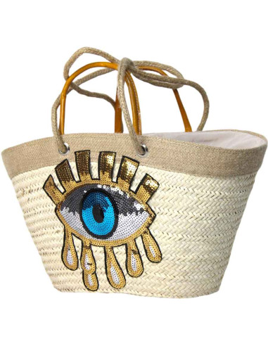 Wicker basket bag with sequin eye, yellow handles