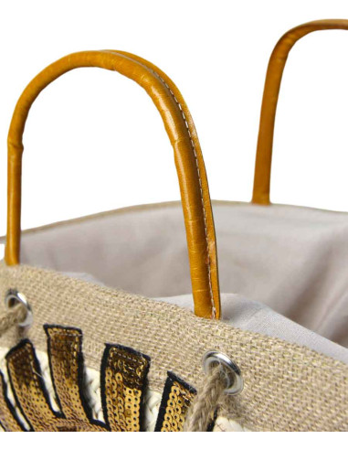 Wicker basket bag with sequin eye, yellow handles