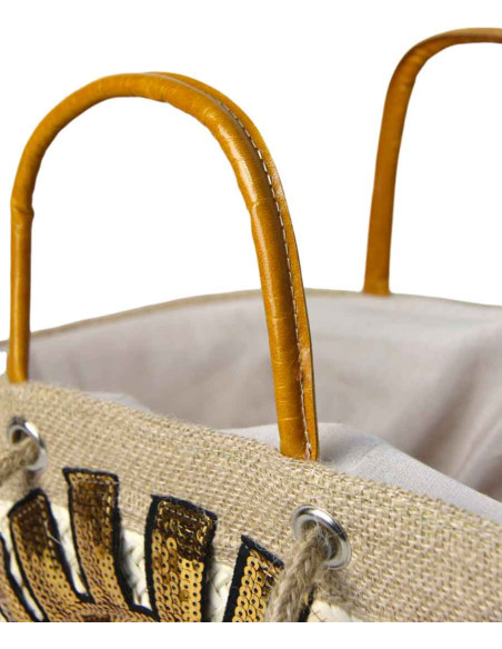 Wicker basket bag with sequin eye, yellow handles