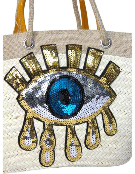 Wicker basket bag with sequin eye, yellow handles