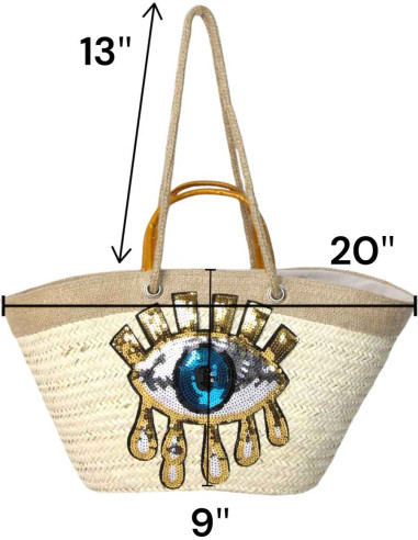 Wicker basket bag with sequin eye, yellow handles