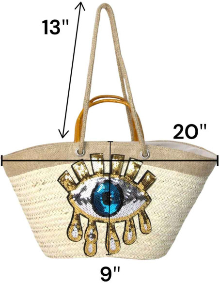 Wicker basket bag with sequin eye, yellow handles