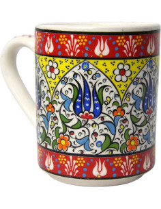 White Turkish mug with blue tulips and red border