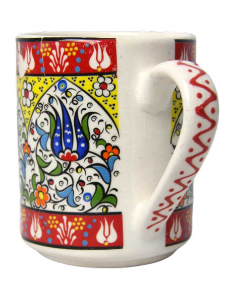 White Turkish mug with blue tulips and red border
