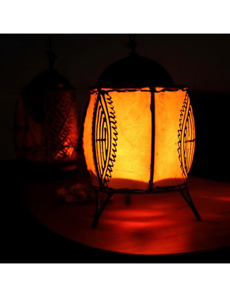 Moroccan henna-painted leather candle holder, rounded orange