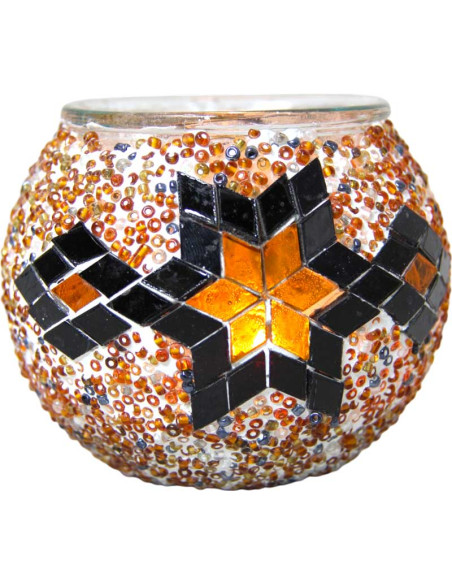 Moroccan glass mosaic candle holder, orange and black star