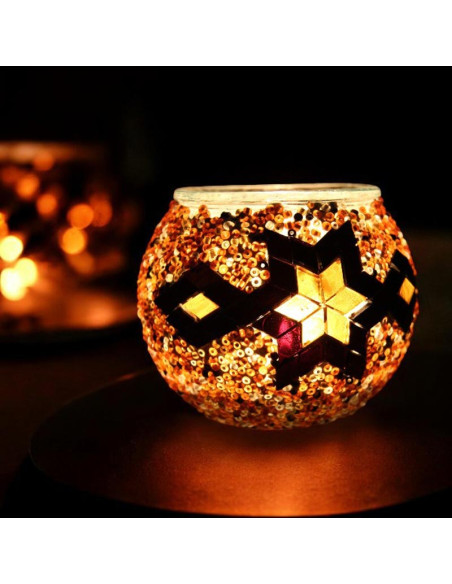 Moroccan glass mosaic candle holder, orange and black star