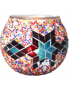 Moroccan glass mosaic candle holder, turquoise and red star