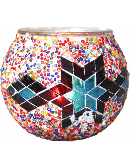 Bougeoir marocain en mosaïque de verre, étoile turquoise et rouge