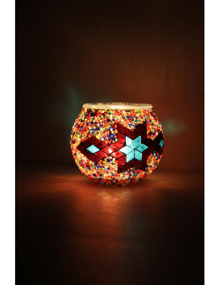 Bougeoir marocain en mosaïque de verre, étoile turquoise et rouge
