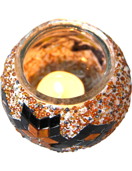 Moroccan glass mosaic candle holder, orange and black star