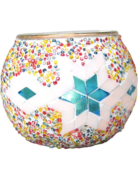 Bougeoir marocain en mosaïque de verre, blanc à étoile turquoise
