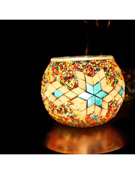 Bougeoir marocain en mosaïque de verre, blanc à étoile turquoise