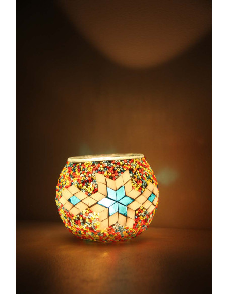 Bougeoir marocain en mosaïque de verre, blanc à étoile turquoise