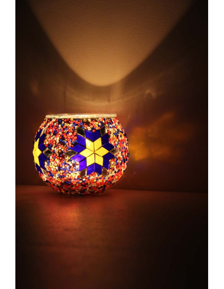 Moroccan glass mosaic candle holder, yellow and blue star